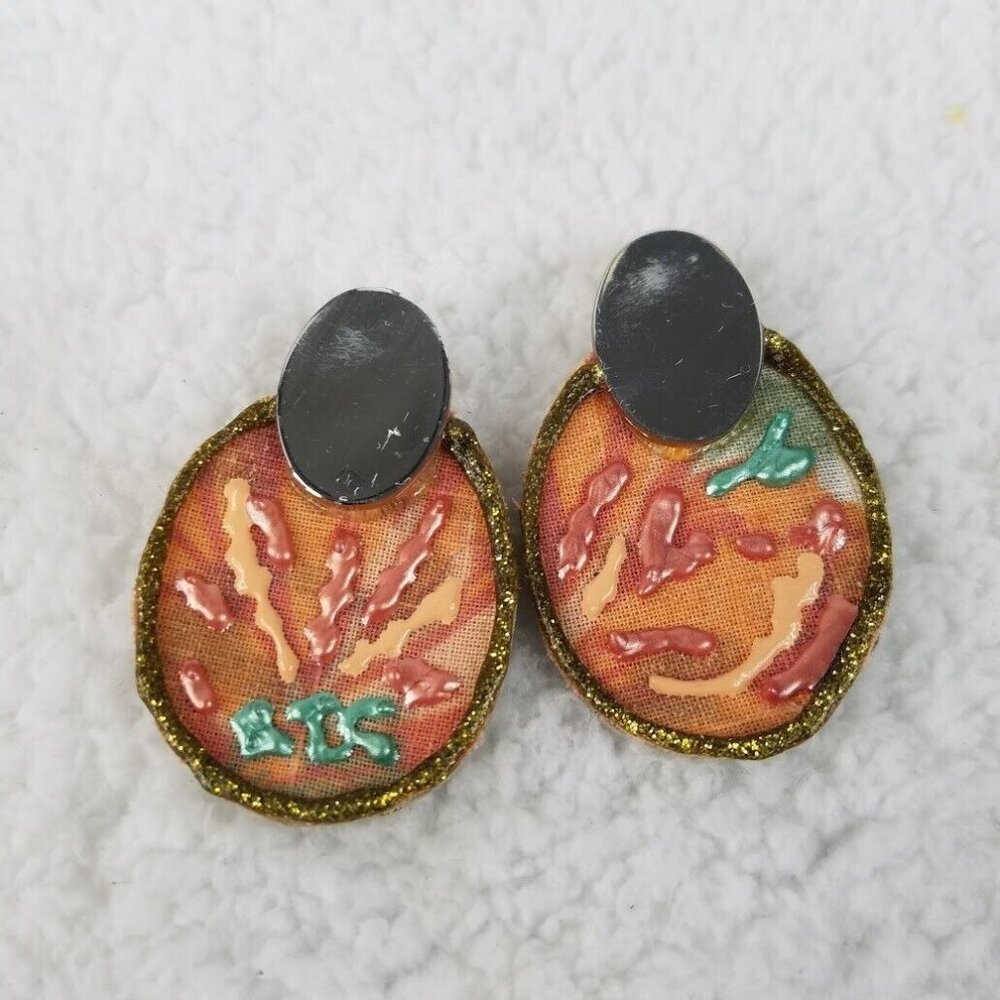Vintage Handmade Silver Button 2" Stud Earrings Puffy Paint Peachy Pink Green